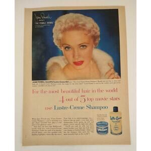 1958 Lustre-Creme Shampoo Ad Jane Powell Movie Star Hair Blue MCM Print Ephemera